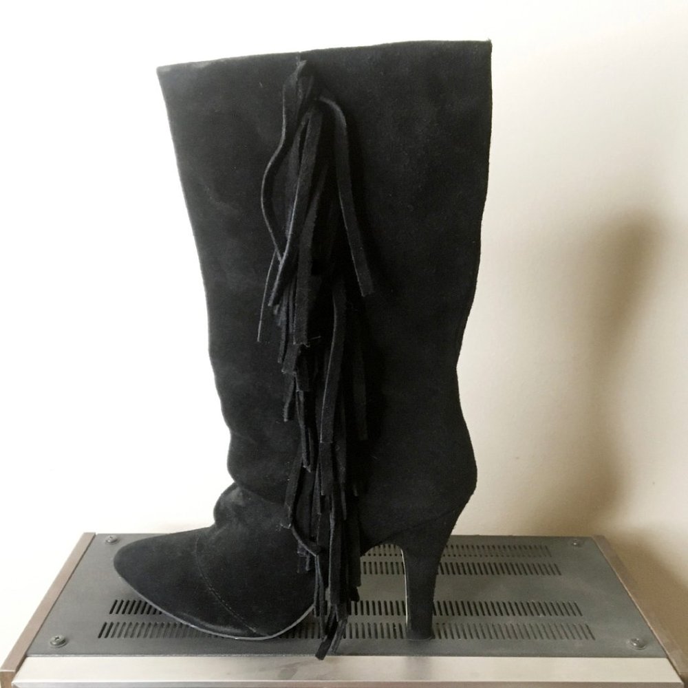 Black Genuine Suede Fringed Boots